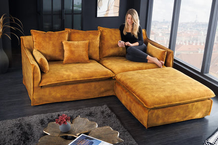 HEAVEN footstool 100 cm removable cover textured velvet mustard yellow