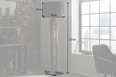 BARRACUDA floor lamp 177cm recycled acacia wood w/ black cotton shade