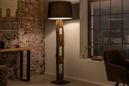 BARRACUDA floor lamp 177cm recycled acacia wood w/ black cotton shade