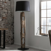 BARRACUDA floor lamp 177cm recycled acacia wood w/ black cotton shade