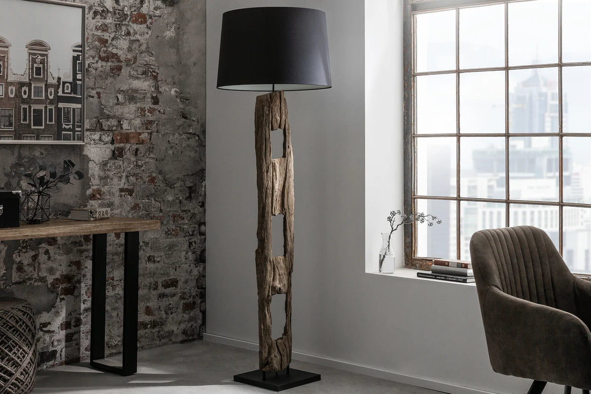BARRACUDA floor lamp 177cm recycled acacia wood w/ black cotton shade