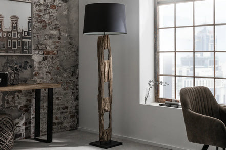 BARRACUDA floor lamp 177cm recycled acacia wood w/ black cotton shade