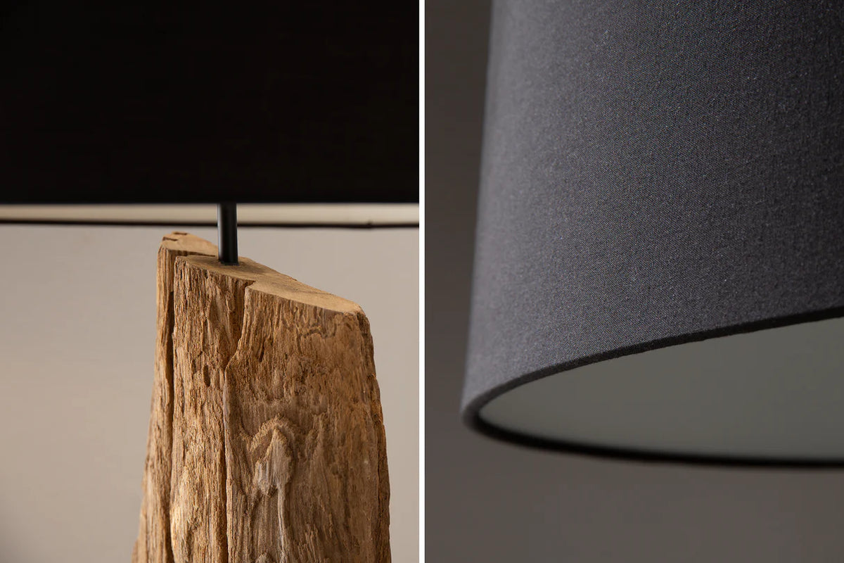 BARRACUDA floor lamp 177cm recycled acacia wood w/ black cotton shade
