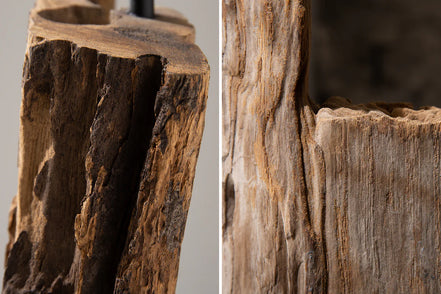 BARRACUDA floor lamp 177cm recycled acacia wood w/ black cotton shade