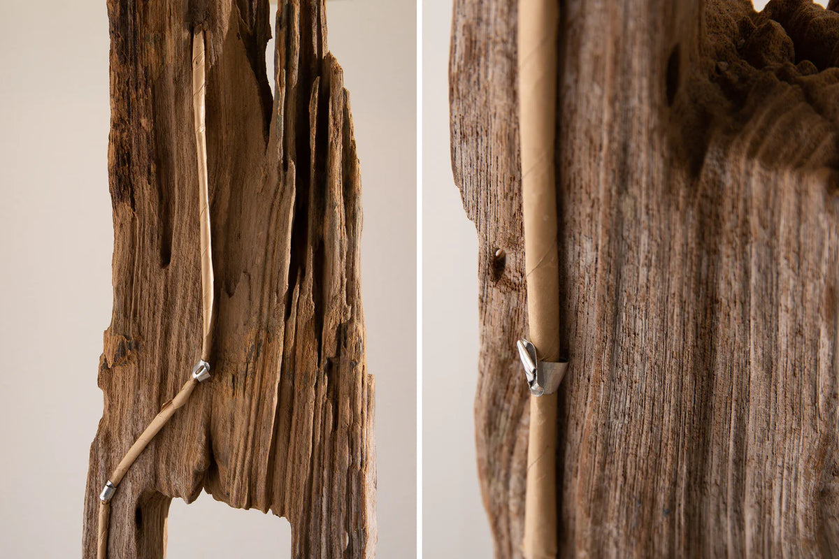 BARRACUDA floor lamp 177cm recycled acacia wood w/ black cotton shade