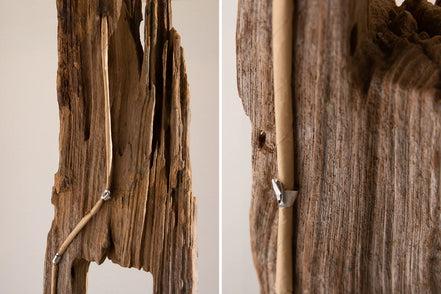 BARRACUDA floor lamp 177cm recycled acacia wood w/ black cotton shade