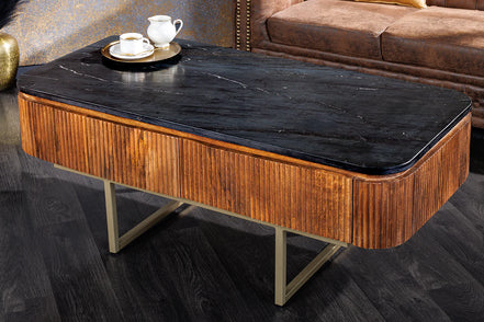 GATSBY coffee table 110cm retro style mango wood gold marble top black