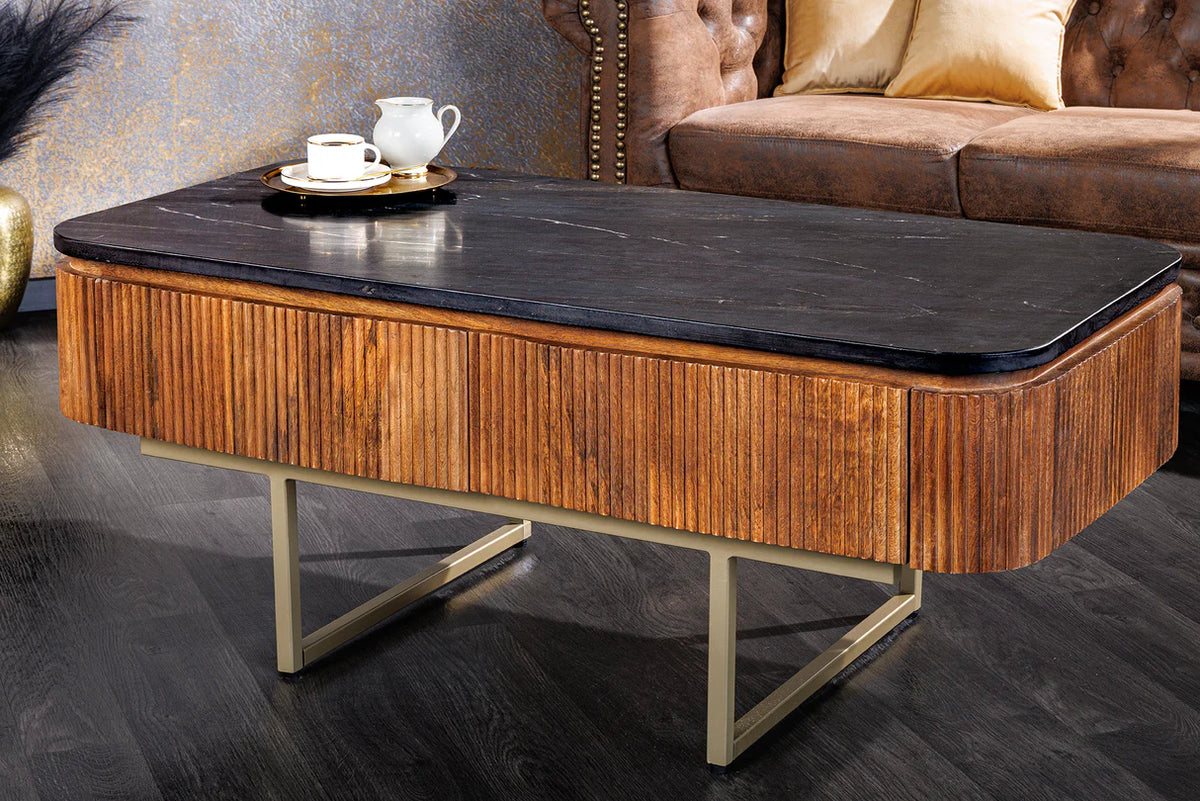 GATSBY coffee table 110cm retro style mango wood gold marble top black