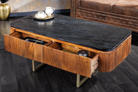 GATSBY coffee table 110cm retro style mango wood gold marble top black