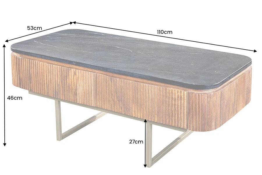 GATSBY coffee table 110cm retro style mango wood gold marble top black