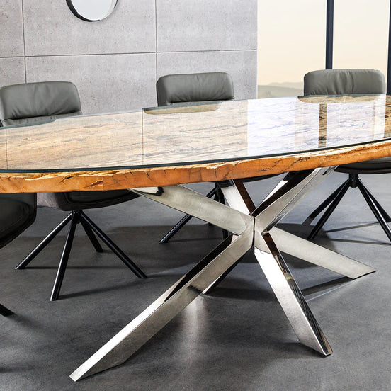 Dining table BARRACUDA 220cm teak wood glass top oval