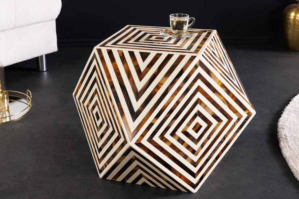 BONE INLAY side table 40 cm made of buffalo bone white-brown in zebra pattern