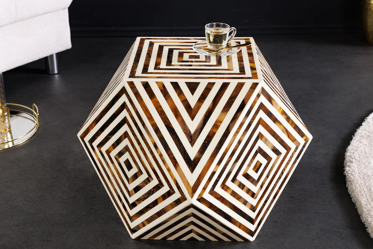 BONE INLAY side table 40 cm made of buffalo bone white-brown in zebra pattern