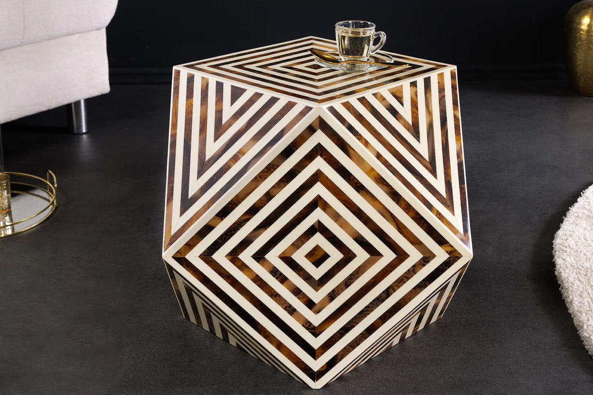 BONE INLAY side table 40 cm made of buffalo bone white-brown in zebra pattern