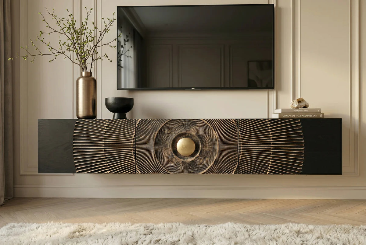 GOLDEN SUNSET 160 cm wall-mounted mango wood TV unit black