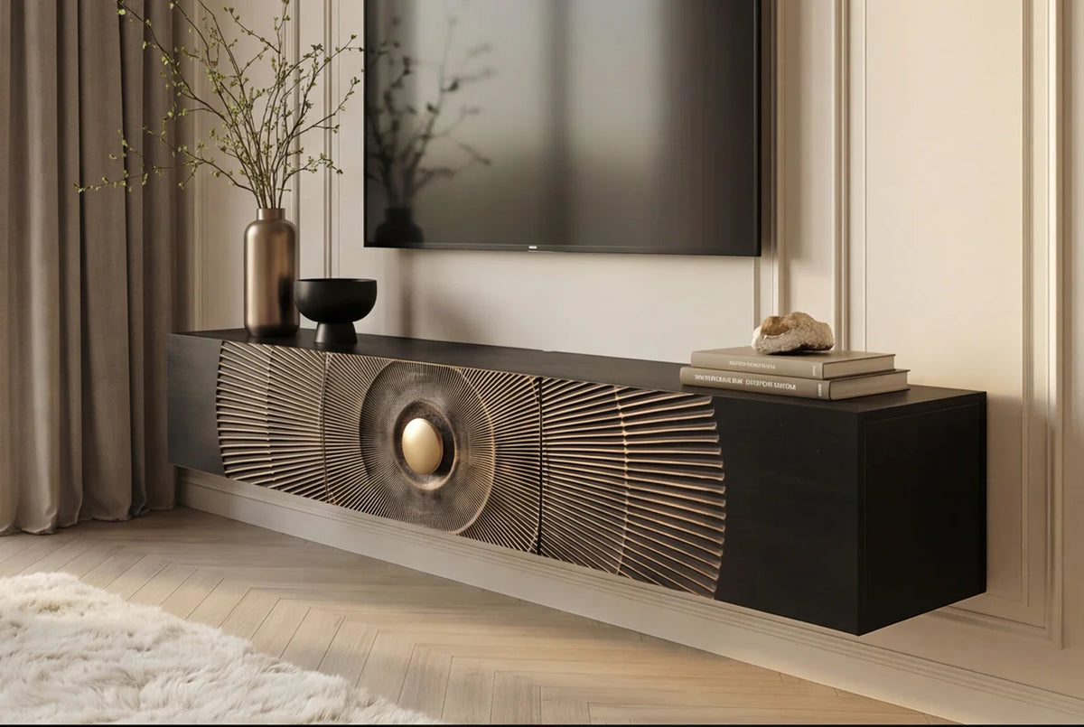 GOLDEN SUNSET 160 cm wall-mounted mango wood TV unit black