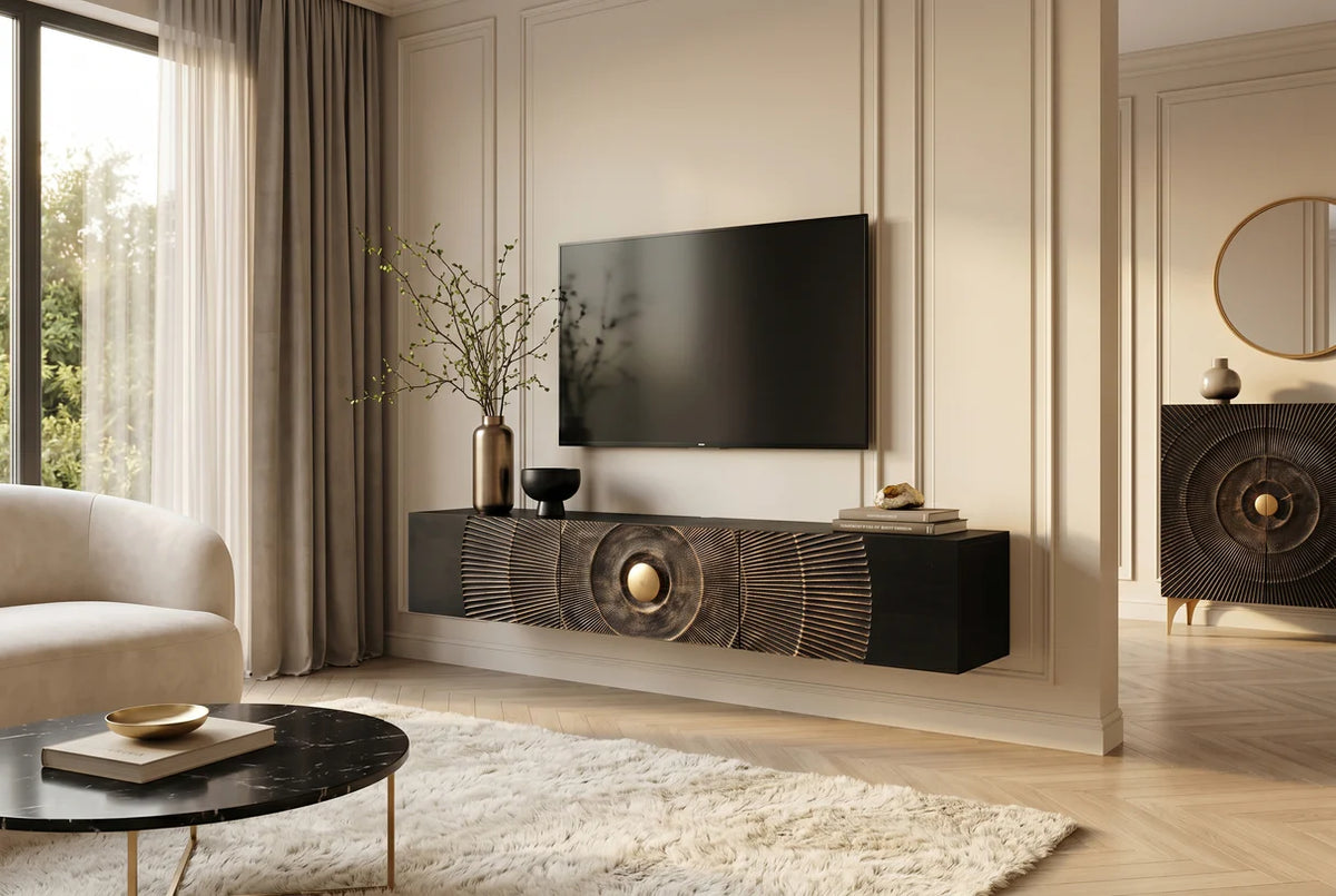 GOLDEN SUNSET 160 cm wall-mounted mango wood TV unit black