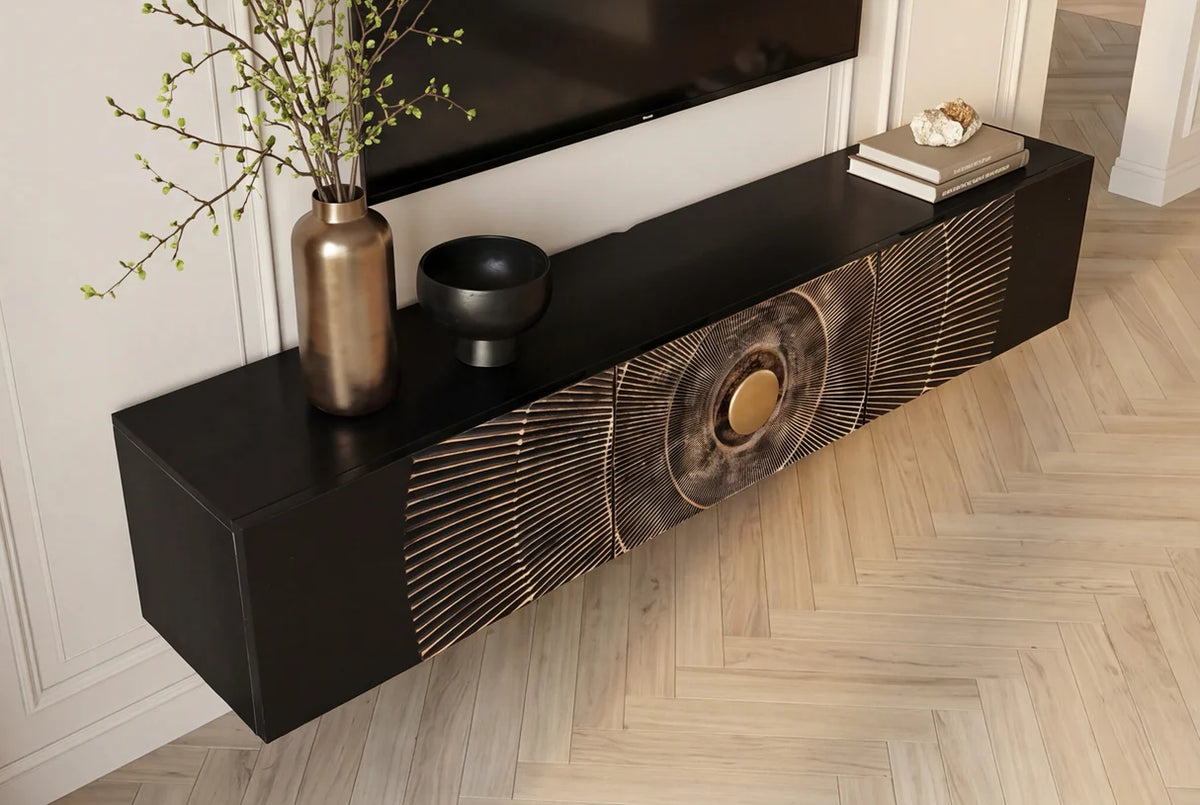GOLDEN SUNSET 160 cm wall-mounted mango wood TV unit black