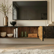 GOLDEN SUNSET 160 cm wall-mounted mango wood TV unit black