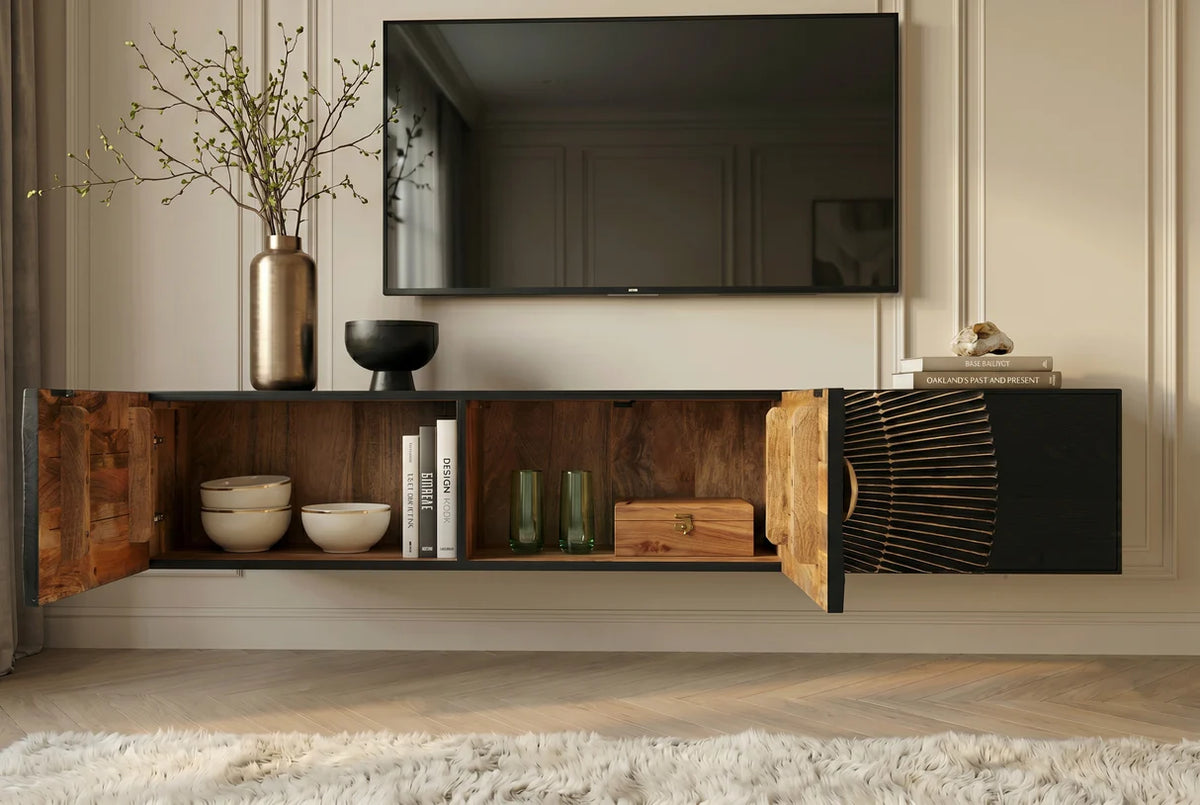 GOLDEN SUNSET 160 cm wall-mounted mango wood TV unit black