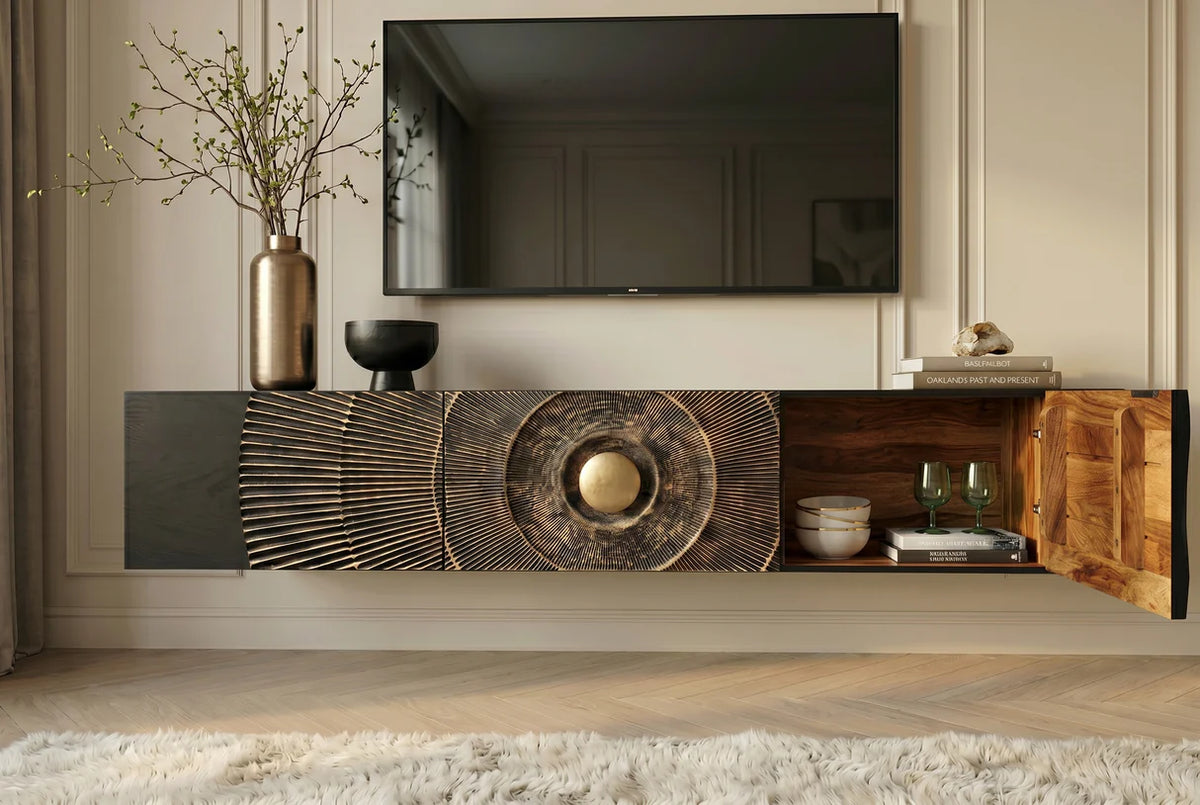 GOLDEN SUNSET 160 cm wall-mounted mango wood TV unit black