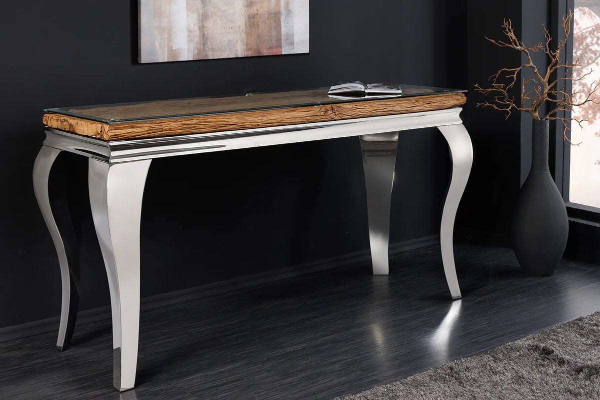 Konzolasztal MODERN BAROCK BARRACUDA 140 cm króm üveglappal tíkfa lap nélkül