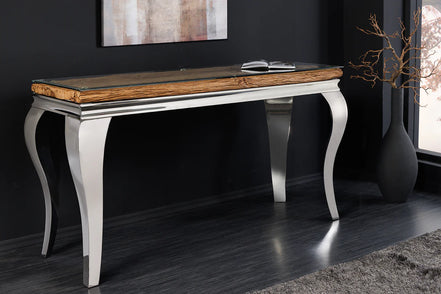 Konzolasztal MODERN BAROCK BARRACUDA 140 cm króm üveglappal tíkfa lap nélkül