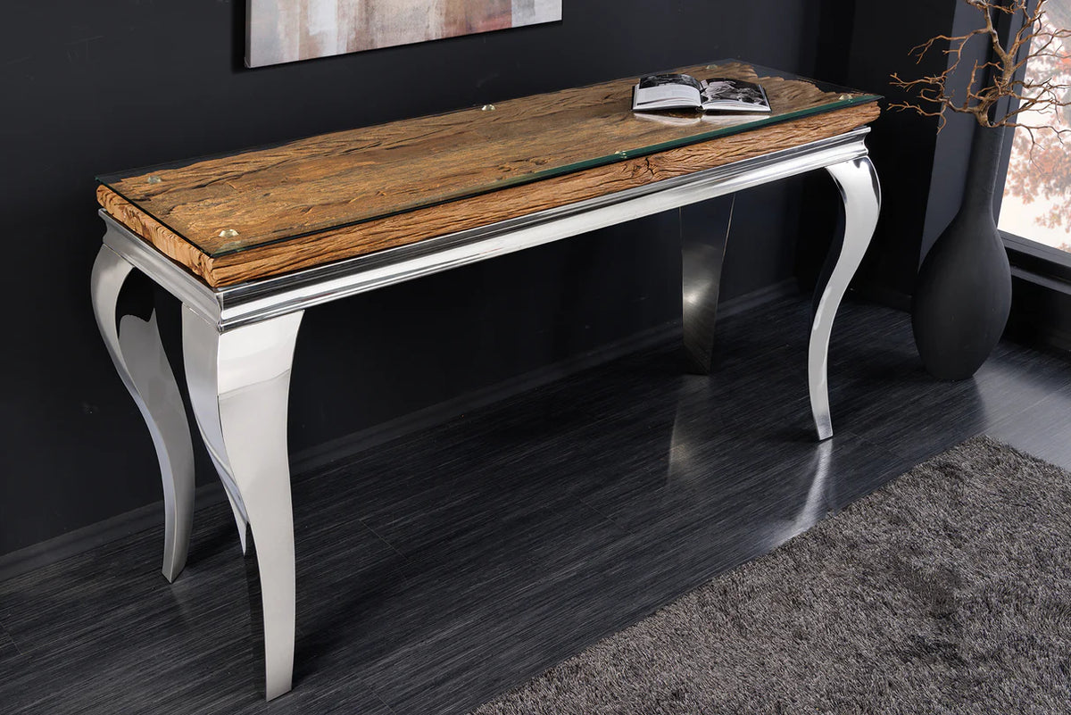 Konzolasztal MODERN BAROCK BARRACUDA 140 cm króm üveglappal tíkfa lap nélkül