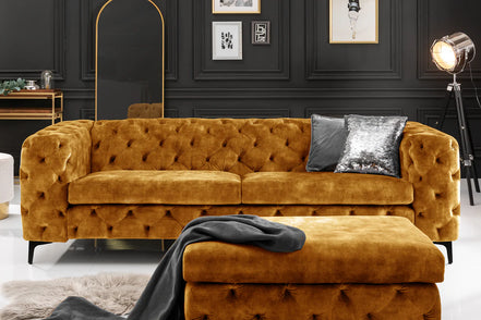 Lábtartó MODERN BAROCK 90 cm bársony mustársárga chesterfield stílusban
