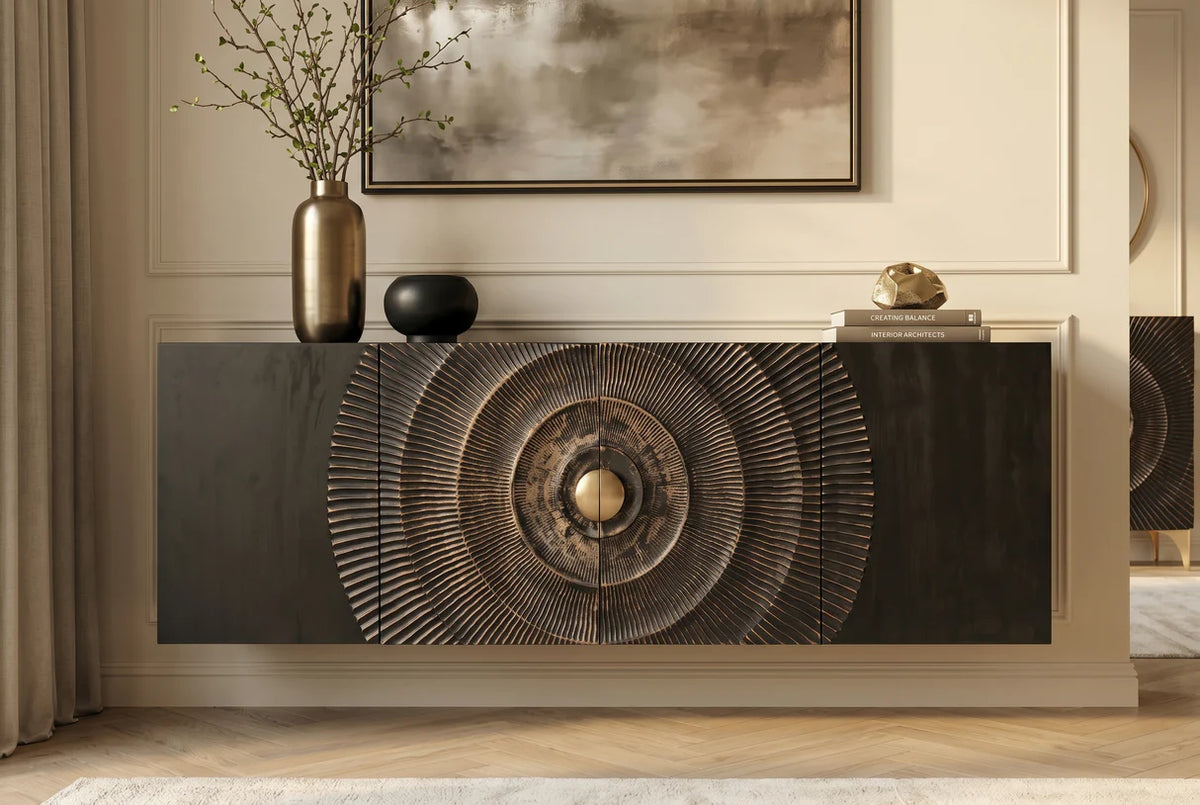 Komód GOLDEN SUNSET 180 cm 3D függesztett mangófa fekete