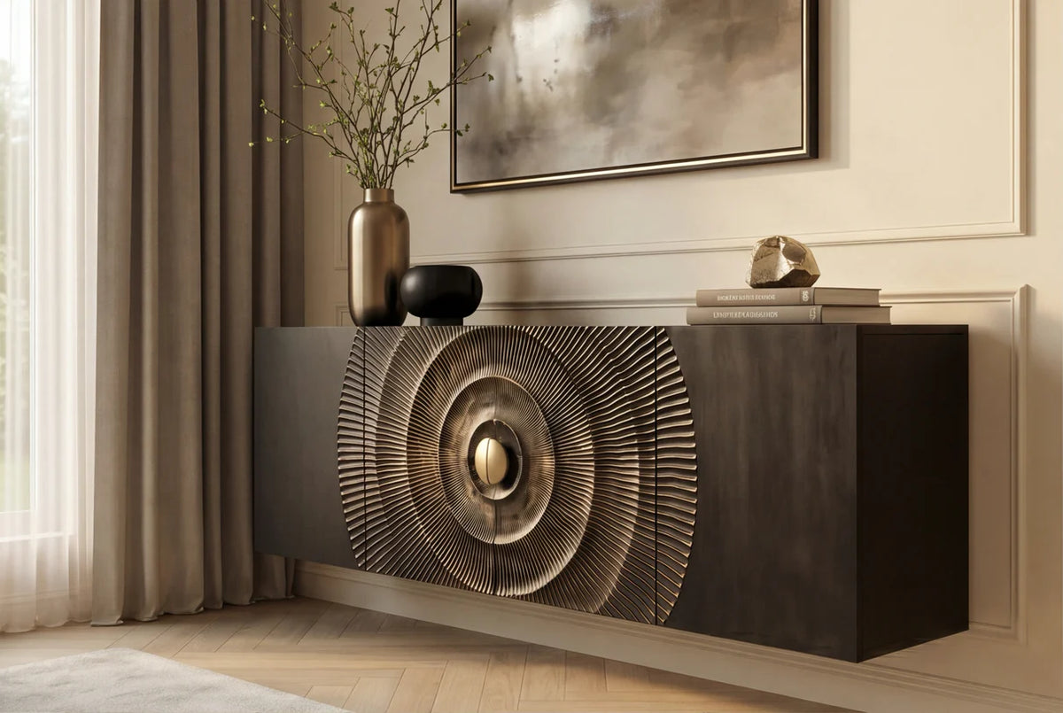 Komód GOLDEN SUNSET 180 cm 3D függesztett mangófa fekete