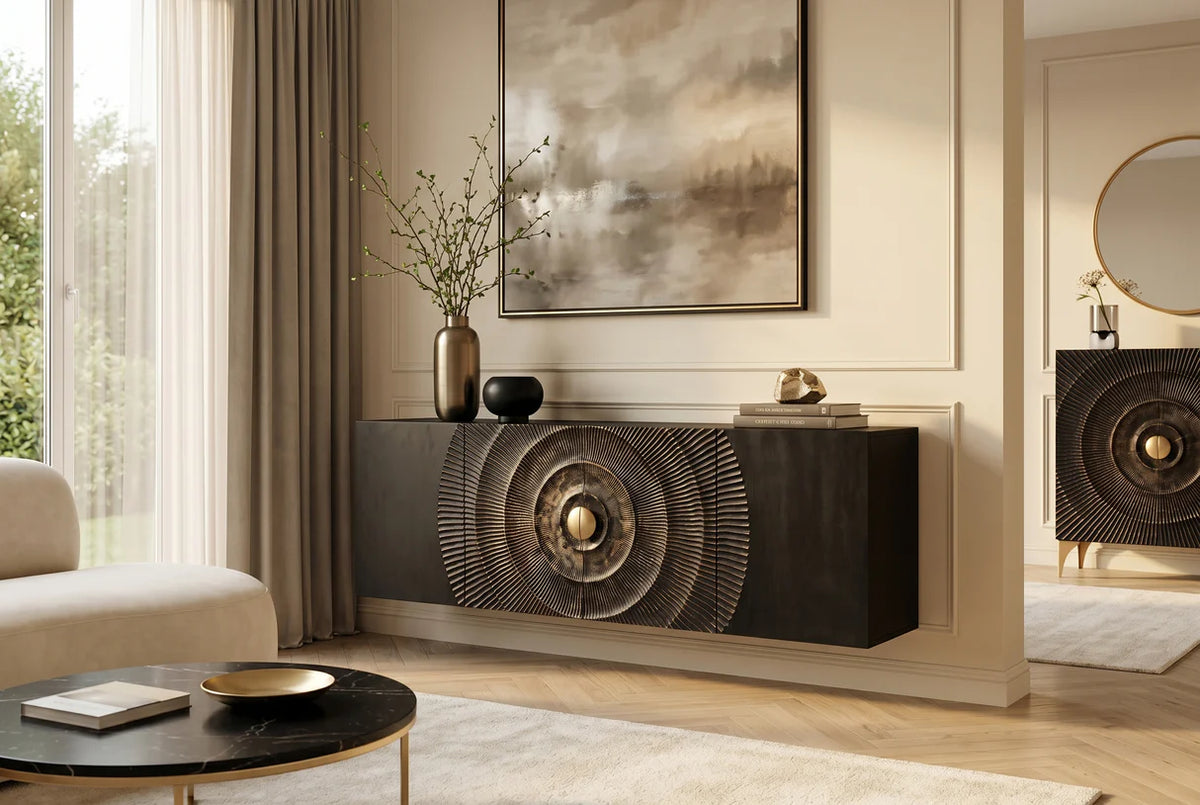 Komód GOLDEN SUNSET 180 cm 3D függesztett mangófa fekete