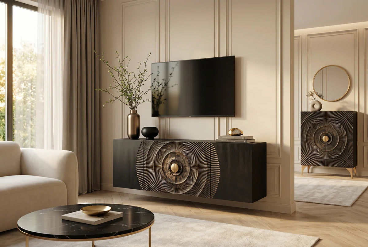 Komód GOLDEN SUNSET 180 cm 3D függesztett mangófa fekete
