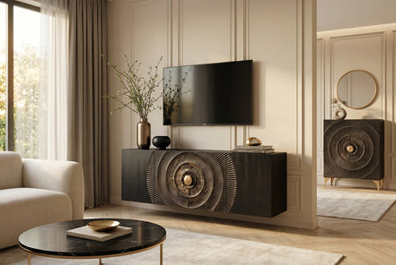 Komód GOLDEN SUNSET 180 cm 3D függesztett mangófa fekete