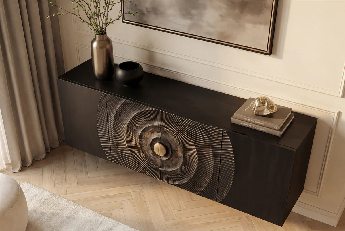 Komód GOLDEN SUNSET 180 cm 3D függesztett mangófa fekete
