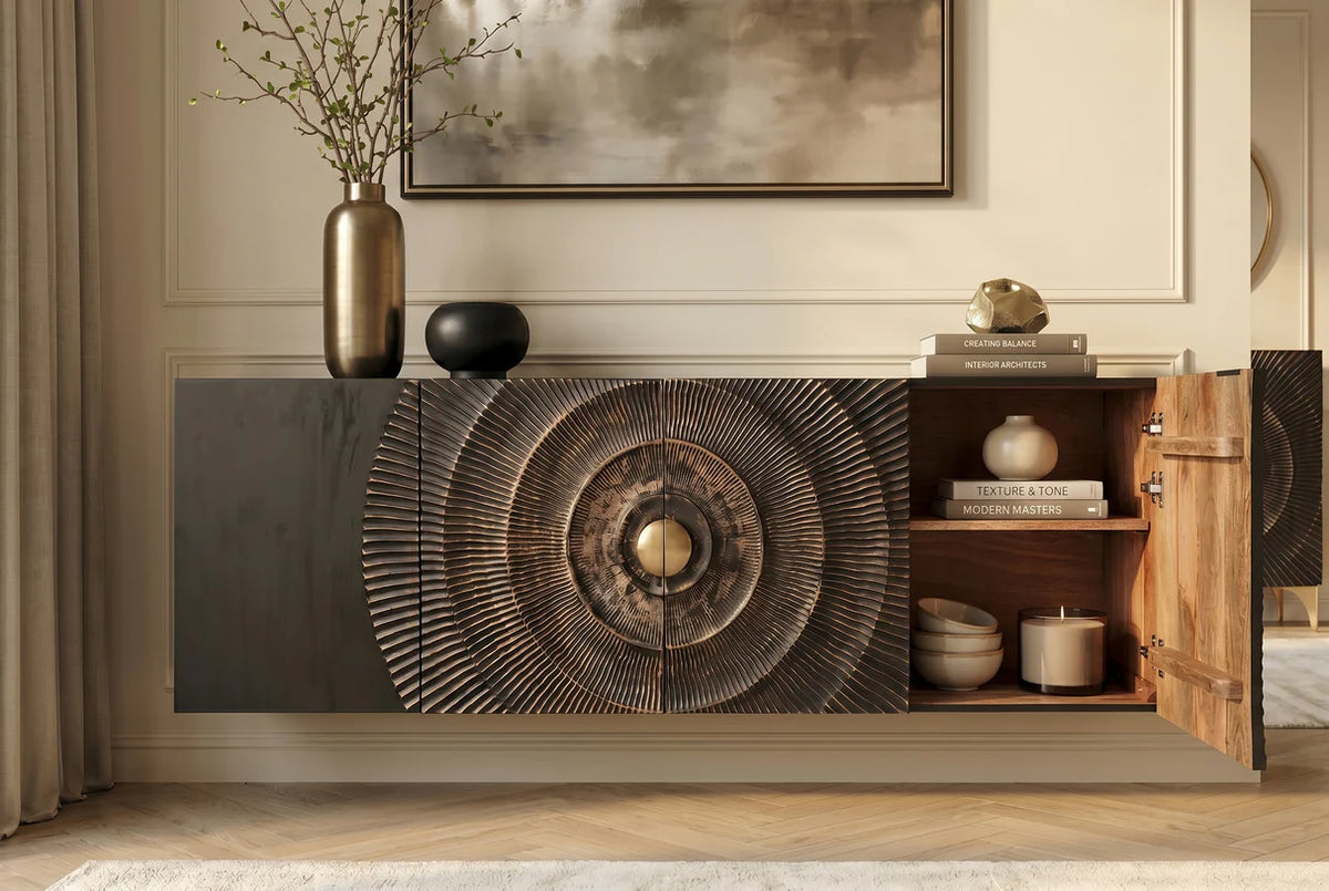 Komód GOLDEN SUNSET 180 cm 3D függesztett mangófa fekete