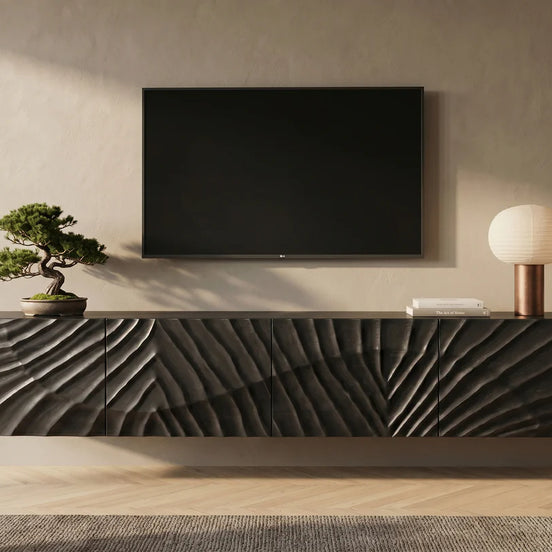 TV-szekrény SCORPION 200 cm 3D függesztett fekete mangófa