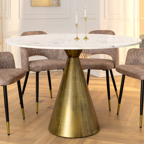 Étkezőasztal ELEGANCIA Ø100 cm vas talp réz és márványlap fehér