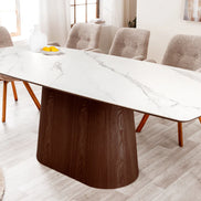 Dining table UNIQUE 200cm oval frame walnut wood veneered ceramic white marble top