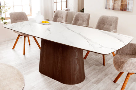 Dining table UNIQUE 200cm oval frame walnut wood veneered ceramic white marble top