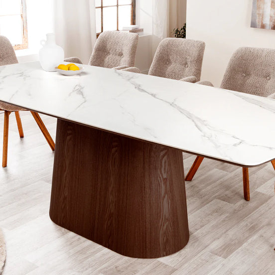 Dining table UNIQUE 200cm oval frame walnut wood veneered ceramic white marble top