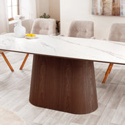 Dining table UNIQUE 200cm oval frame walnut wood veneered ceramic white marble top
