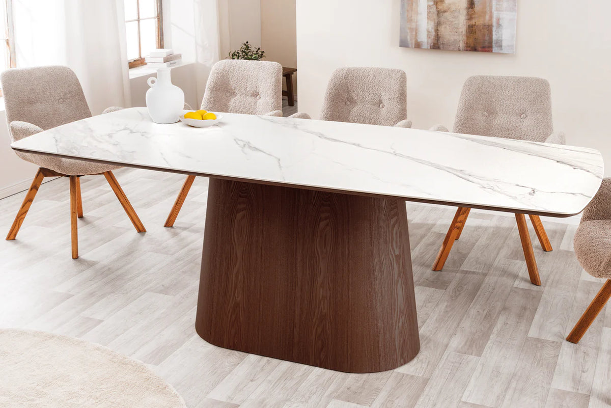 Dining table UNIQUE 200cm oval frame walnut wood veneered ceramic white marble top