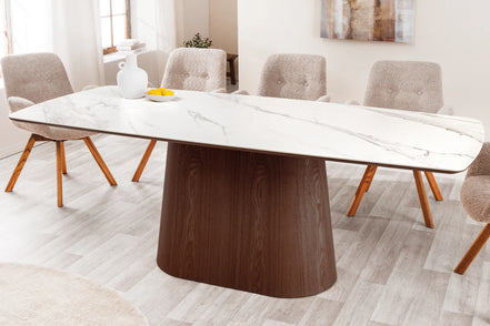 Dining table UNIQUE 200cm oval frame walnut wood veneered ceramic white marble top