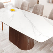 Dining table UNIQUE 200cm oval frame walnut wood veneered ceramic white marble top