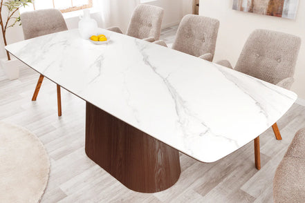 Dining table UNIQUE 200cm oval frame walnut wood veneered ceramic white marble top