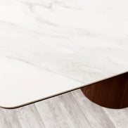 Dining table UNIQUE 200cm oval frame walnut wood veneered ceramic white marble top