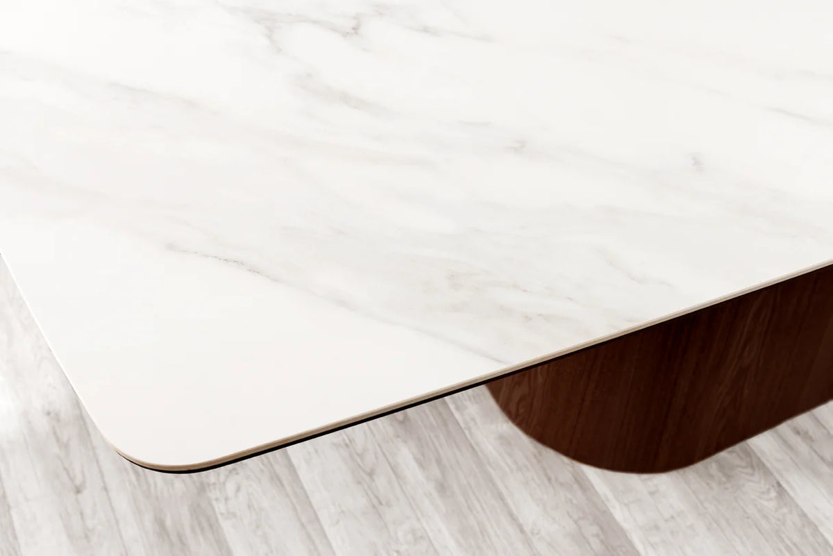 Dining table UNIQUE 200cm oval frame walnut wood veneered ceramic white marble top