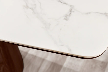 Dining table UNIQUE 200cm oval frame walnut wood veneered ceramic white marble top