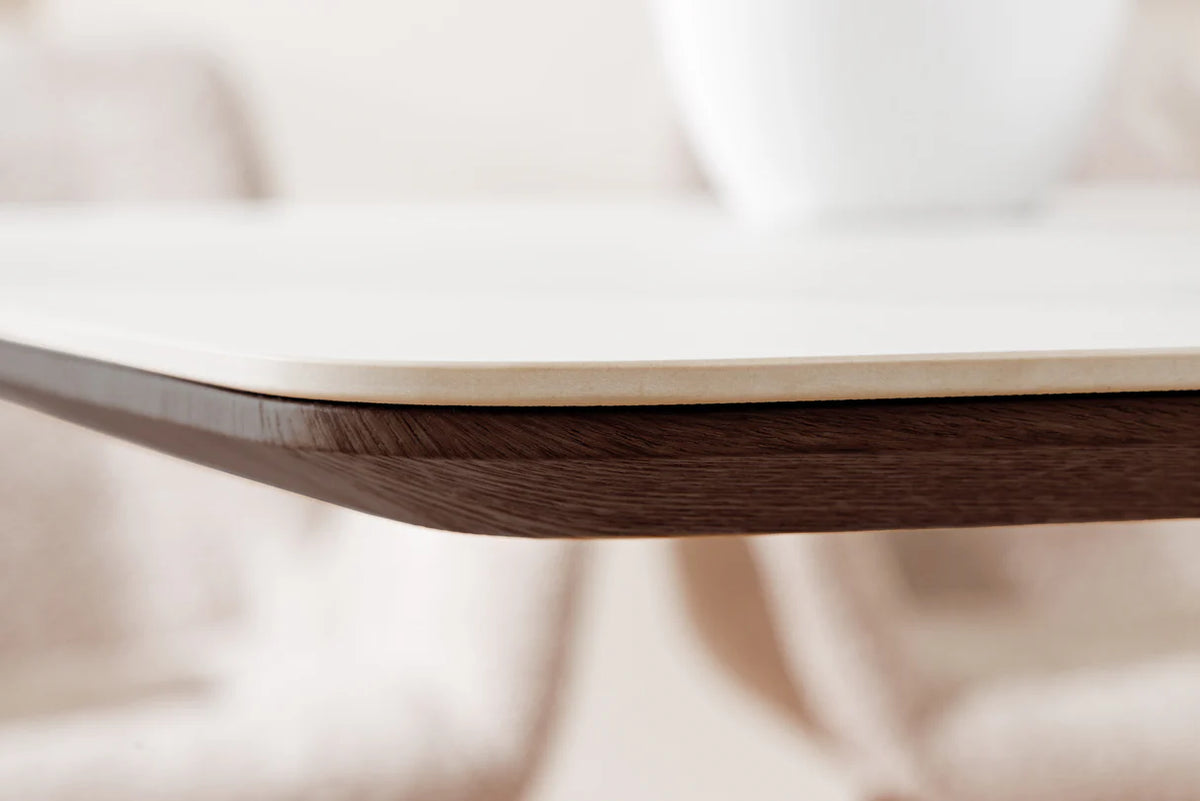 Dining table UNIQUE 200cm oval frame walnut wood veneered ceramic white marble top